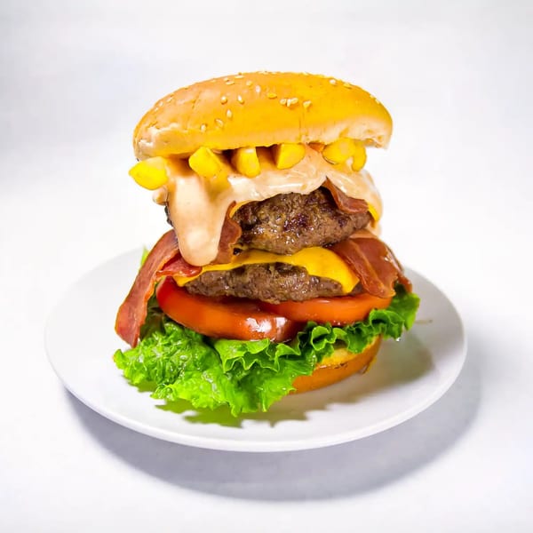 Quickie’s double cheeseburger with bacon, fries, lettuce, tomato, and special sauce on a white plate.