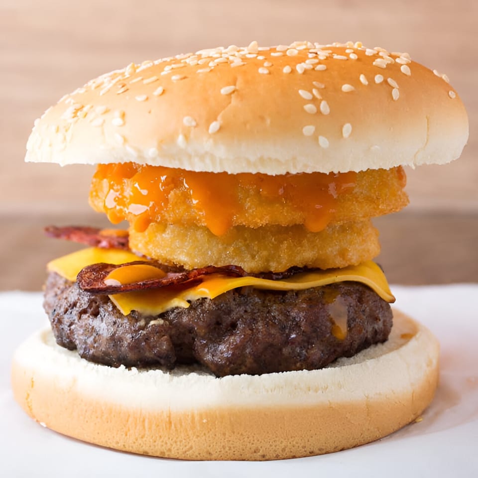 Quickie’s Burger with a beef patty, melted cheese, bacon, and onion rings with sauce.