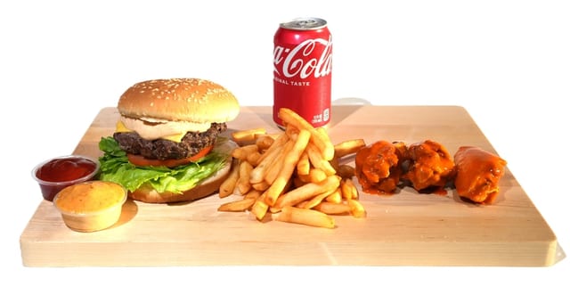 Com # 4 1/3lb Burger Wings Drink.