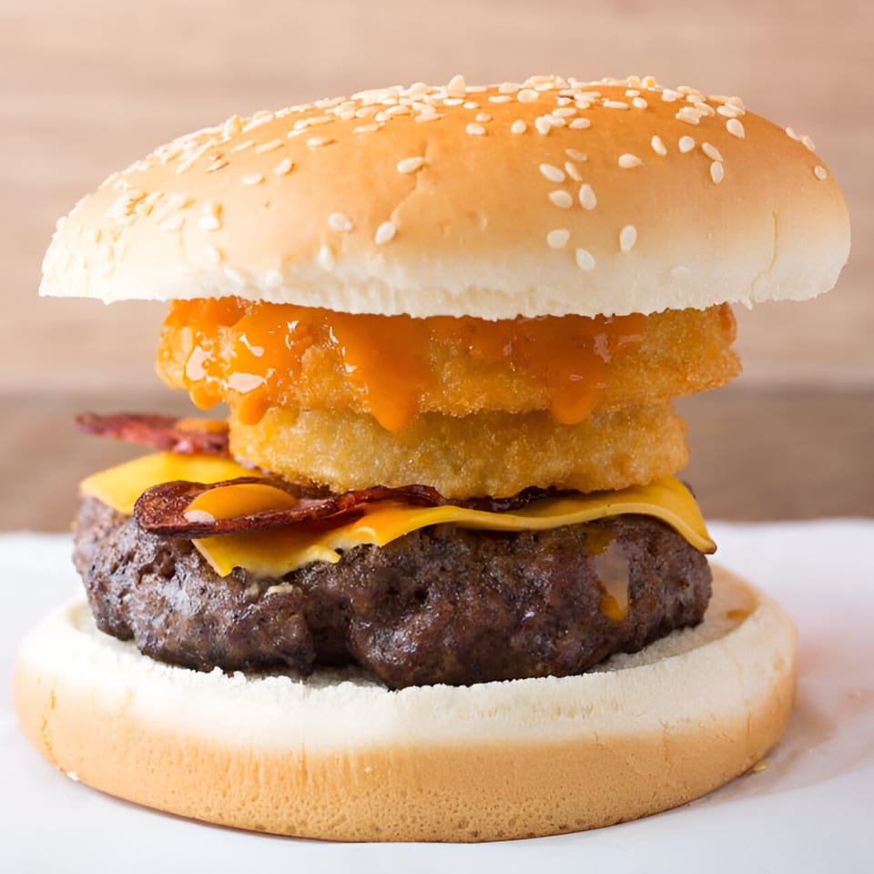 Quickie’s Burger with a thick patty, melted cheese, bacon, and onion rings drizzled with sauce.