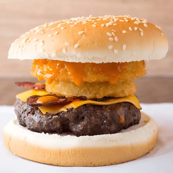 A Quickie's burger with a thick patty, melted cheese, bacon, and onion rings.