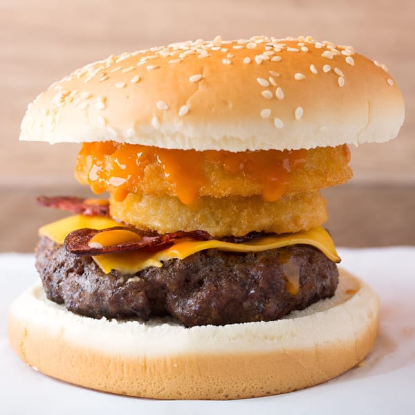 A Quickie's burger with a patty, melted cheese, bacon, and onion rings with sauce.