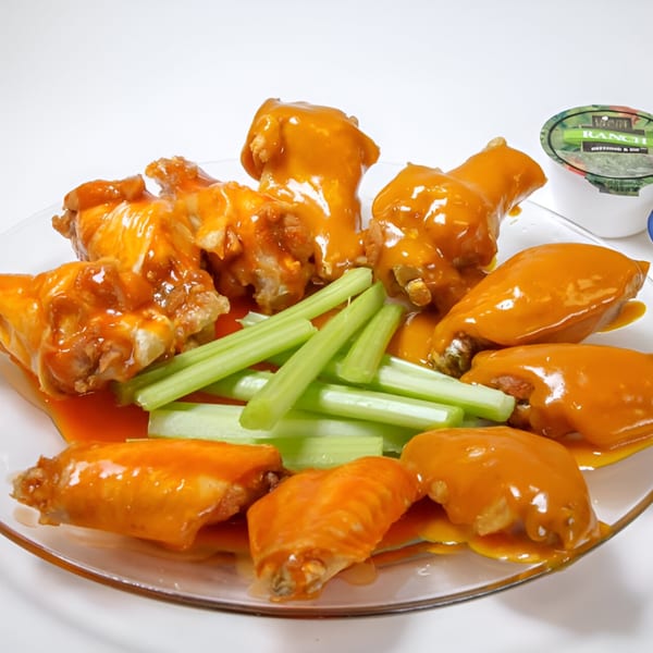 A plate of Quickie’s buffalo wings with celery sticks and a side of ranch dressing.