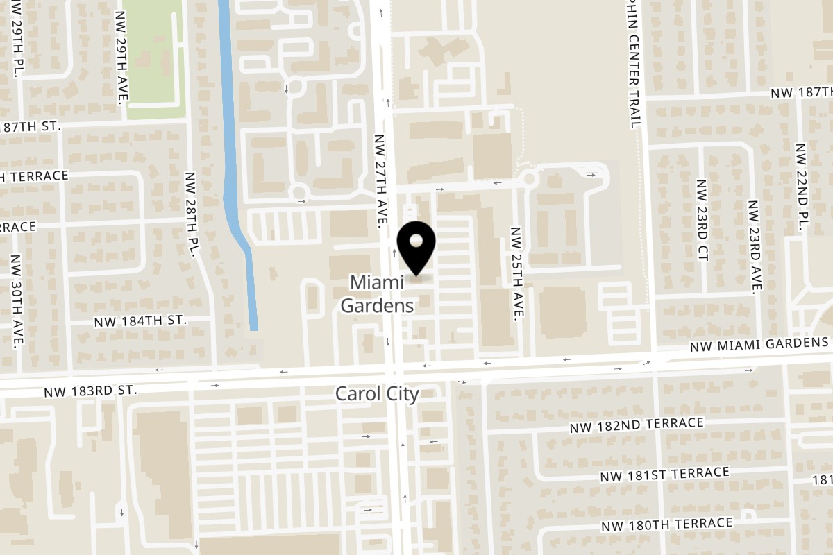 Map showing the location of Quickie’s Burgers, Wings & Seafood Miami Gardens on 18405 NW 27th Ave in Miami Gardens