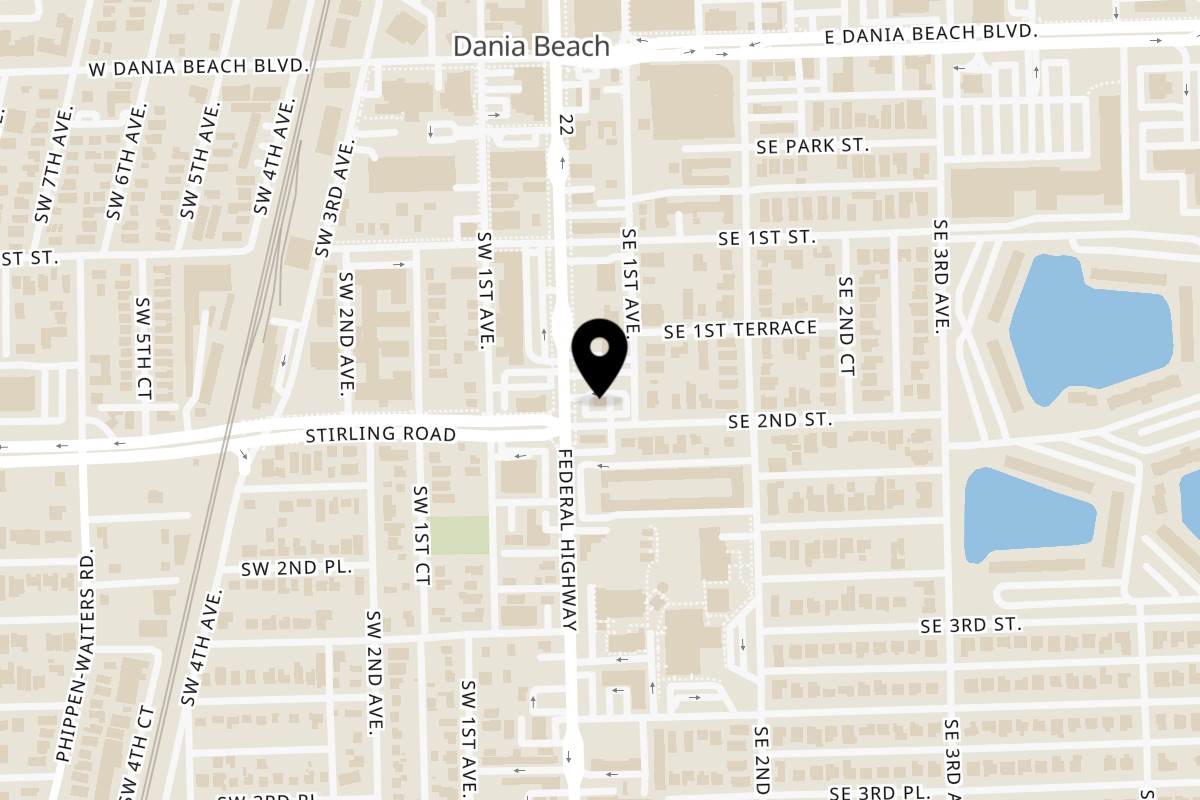 Map showing the location of Quickie’s Burgers, Wings & Seafood Dania Beach on 141 S Federal Hwy in Dania Beach